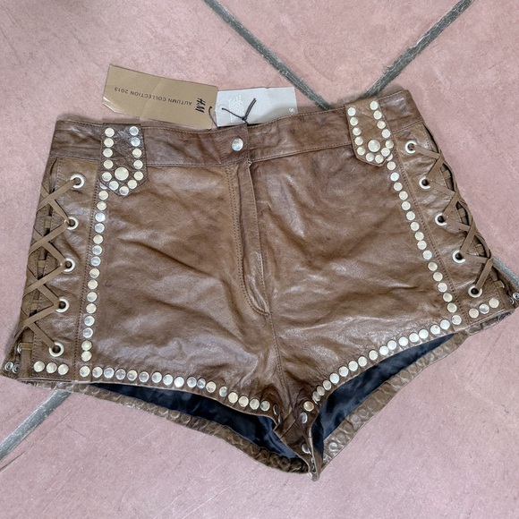 H&M Pants - BNWT H&M Genuine Leather Lace Up Studded Shorts Khaki Brown size 12